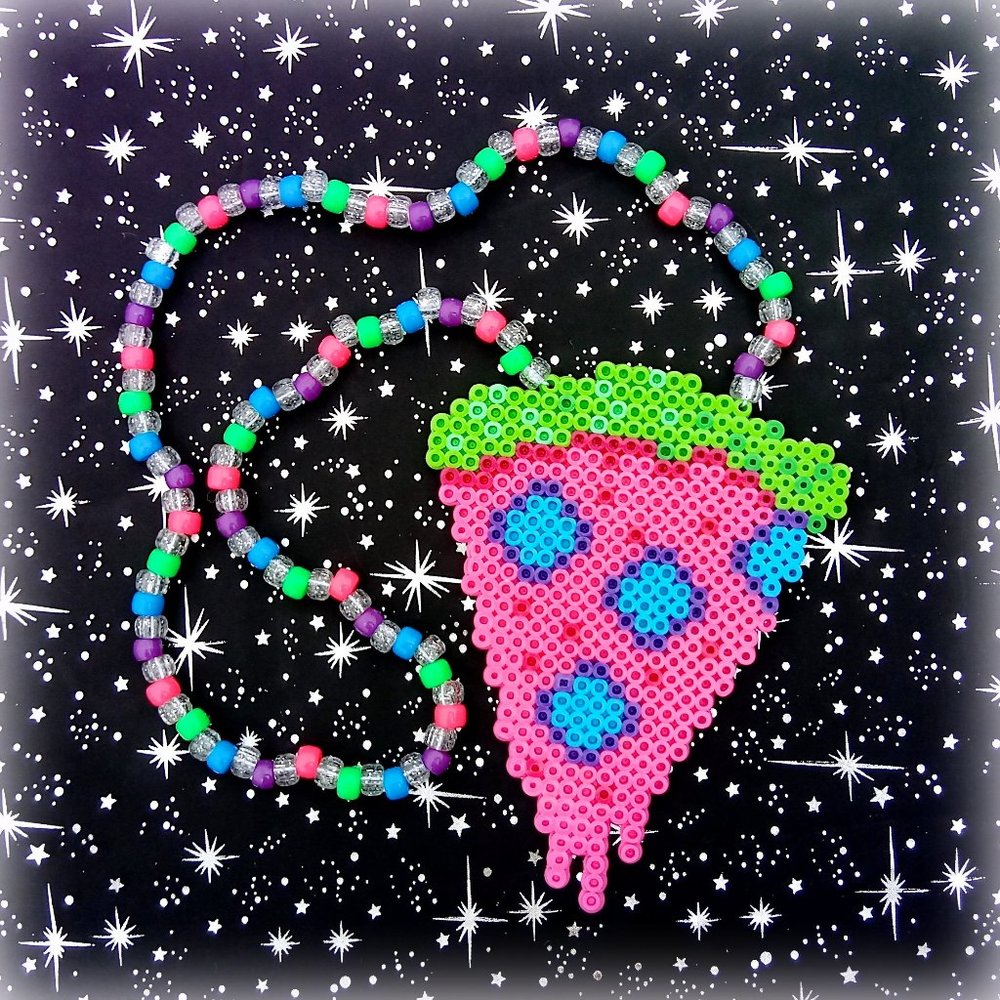 Trippy Colorful Pizza Perler Bead Kandi Necklace